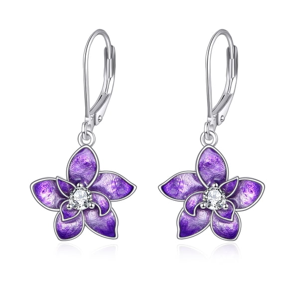 YAFEINI Purple Orchid 925 Sterling Silver Leverback Earrings with Birth Flower Earrings with White Zircon Jewelry Gift for Women Birthday Christmas