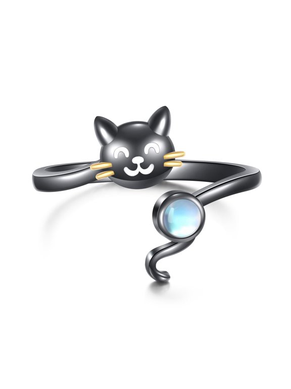 RIDER 925 Sterling Silver Black Cat Open Ring Adjustable Kitten Ring with Blue Stone Tail Dainty Cat Jewelry Gift for Women