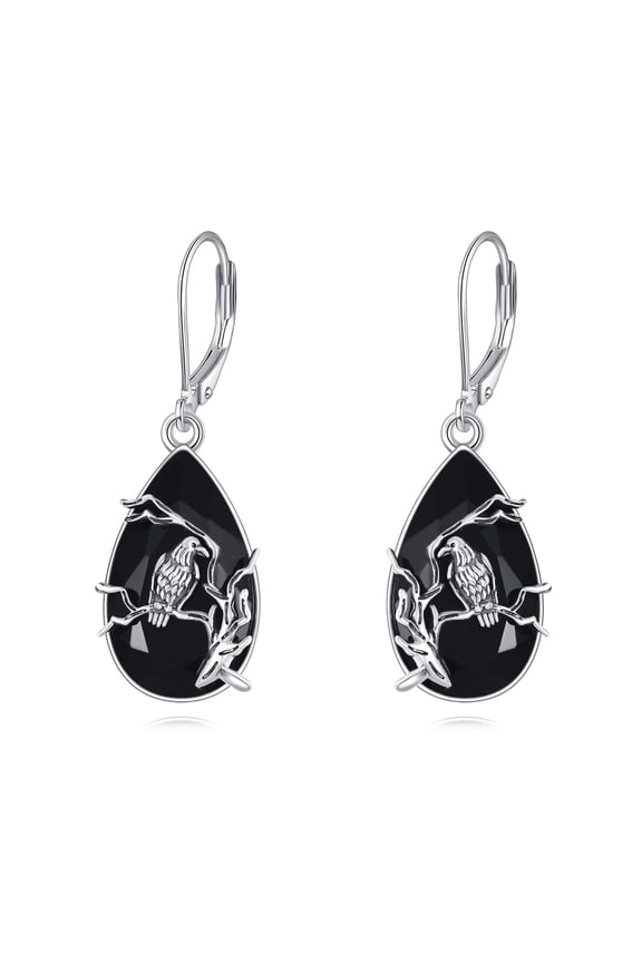Raven Earrings Sterling Silver Black Tourmaline Dangle Drop Earrings Crystal Crow Jewelry Gothic Gifts for Women
