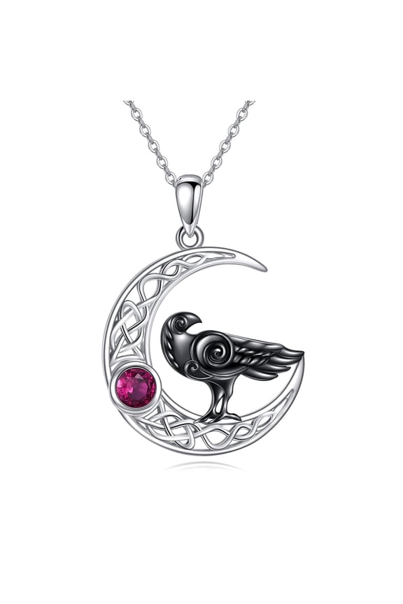 Raven Necklace 925 Sterling Silver Celtic Moon Ruby Pendant Necklace Crescent Irish Necklaces Viking Pendant Jewelry Gift for Women Men