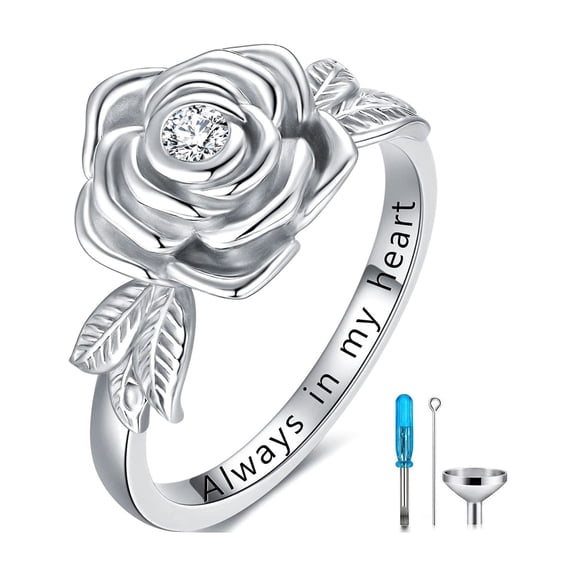 YAFEINI Rose Flower Cremation Urn Ring Holds Loved Ones Ashes 925 Sterling Silver Always in My Heart Cremation Keepsake Ring Memorial Jewelry Gift for Women (10)