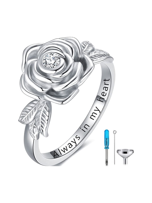 Rose Flower Cremation Urn Ring Holds Loved Ones Ashes 925 Sterling Silver Always in My Heart Cremation Keepsake Ring Memorial Jewelry Gift for Women (8)