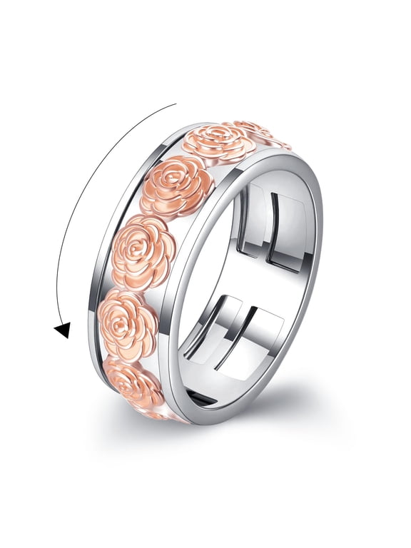 Rose Flower Ring Sterling Silver Flower Anxiety Spinner Rings Rotatable Mood Rings for Women Relieve Stress Gift
