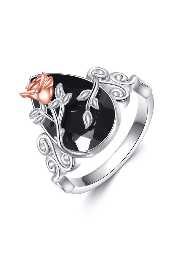 Rose Flower Ring Sterling Silver Vintage Black Tourmaline Ring Crystal Healing Jewelry Spiritual Protection Gifts for Women 7#