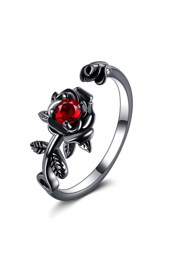Rose Flower Rings 925 Sterling Silver Black Rose Adjustable Rings With Red Cubic Zirconia For Women Promise Ring For Wife