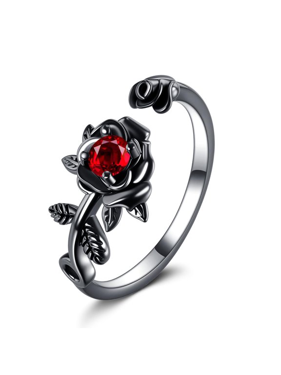 Rose Flower Rings 925 Sterling Silver Black Rose Adjustable Rings With Red Cubic Zirconia For Women Promise Ring For Wife