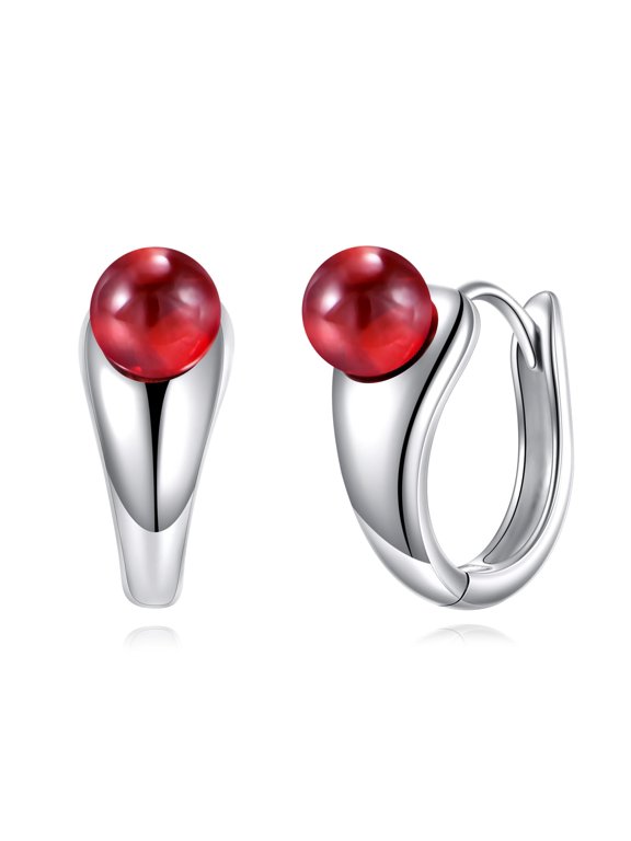 Round Beaded Red Garnet Ruby Earrings Sterling Silver Trendy Hoop Earrings Boho Jewelry for Women