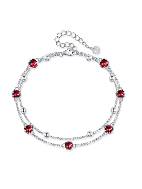 S925 Sterling Silver Crystal Ruby Anklet Layered Chain Ankle Bracelet for Women July Birthstone Anklet Summer Beach Jewelry