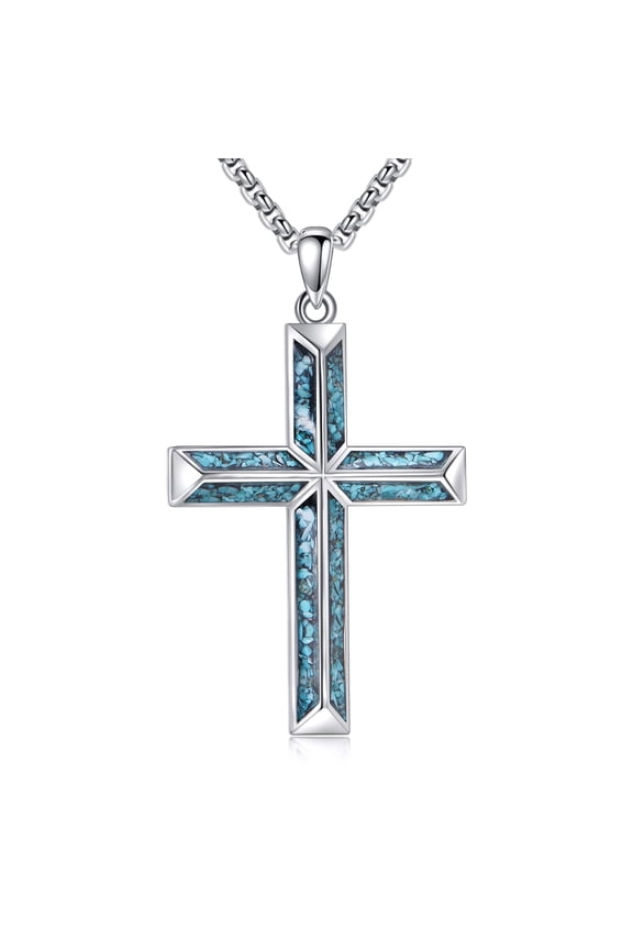 S925 Sterling Silver Turquoise Cross Pendant Necklace for Women Men, Elegant Blue Gemstone Religious Jewelry Gift
