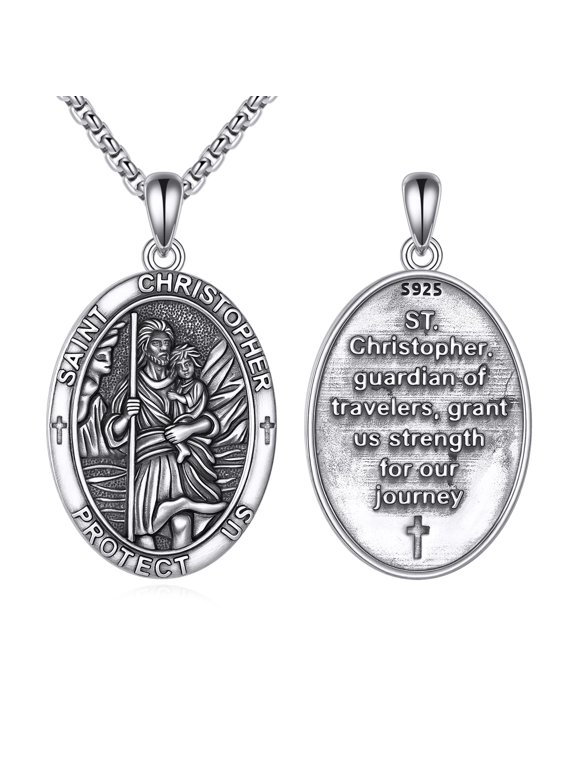 Saint Christopher Necklace 925 Sterling Silver St Christopher Pendant Christian Jewelry Gifts for Men Women Family Friends Religious Protection Amulet Oval