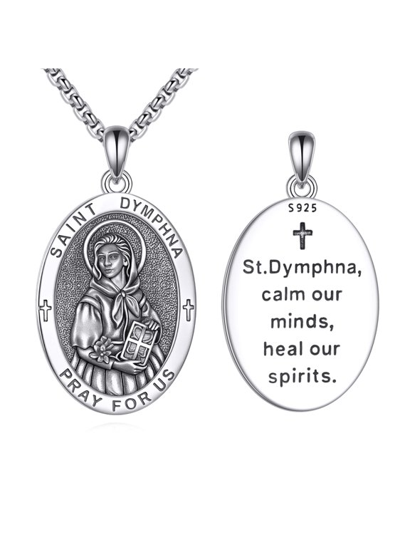 Saint Dymphna Necklace for Women Men 925 Sterling Silver St Dymphna Pendant Medal Christian Jewelry Gifts for Family Friends Religious Protection Amulet (Oval)