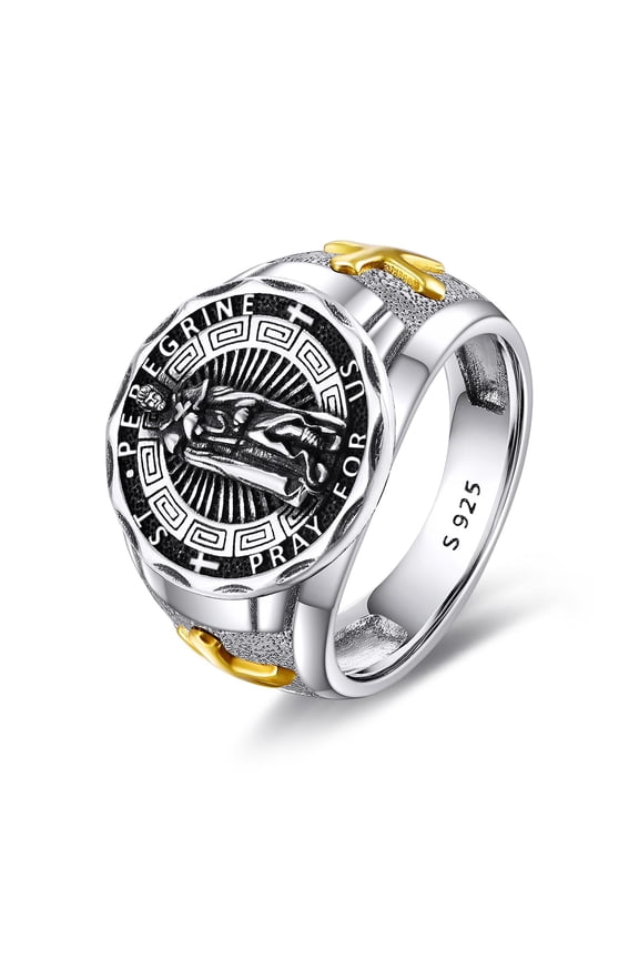 Saint Peregrine Ring Sterling Silver Religious Protector Ring St Peregrine Archangel Jewelry Gifts for Women Men (St Peregrine, 8)