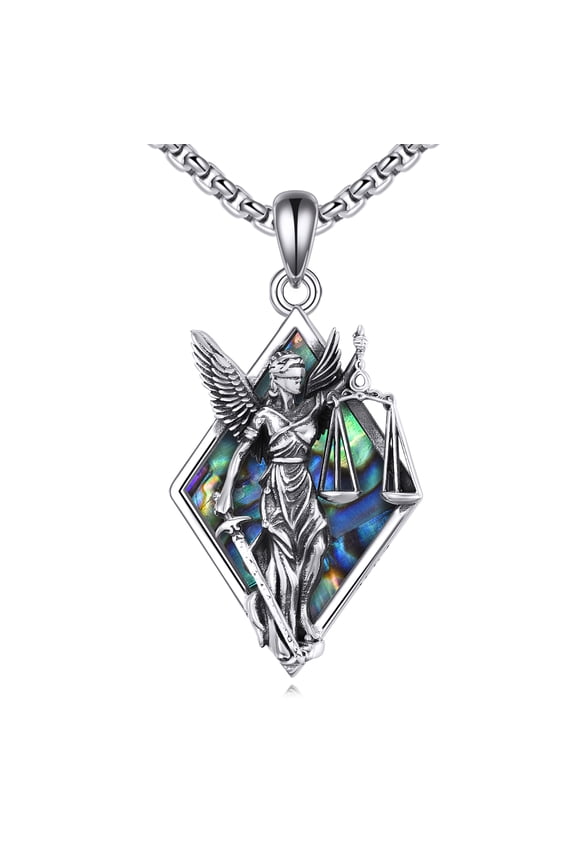 Scales of Justice Necklace Sterling Silver Balance Libra Abalone Shell Pendant Greek God Jewelry Gifts for Women Men