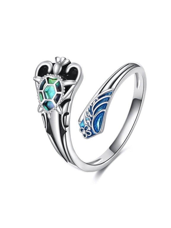 Sea Turtles Spoon Ring Sterling Silver Adjustable Ocean Waves Ring Jewelry Gifts for Women