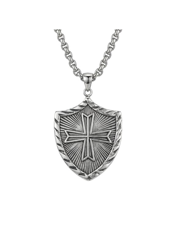 Shield Necklace Vintage Cross Pendant Shield Jewelry Gift for Men and Women 24 in Chain
