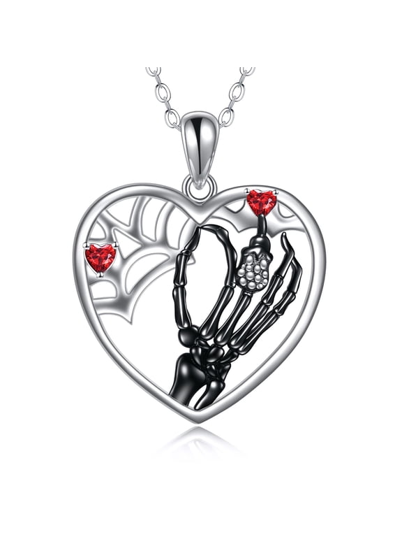 Skeleton Heart Necklace S925 Sterling Silver Skull Hand Bone Gothic Jewelry Gifts for Halloween