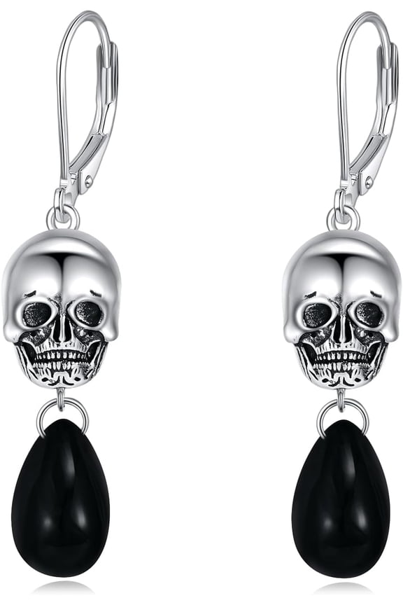 Skull Earrings 925 Sterling Silver Obsidian Earrings Skull Dangle Earrings Mystery Jewelry Gifts for Women