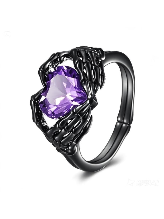 Skull Hand Heart Ring Sterling Silver Halloween Rings Goth Claddagh Jewelry Birthday Gifts Birthday for Women Men (Amethyst, 7)