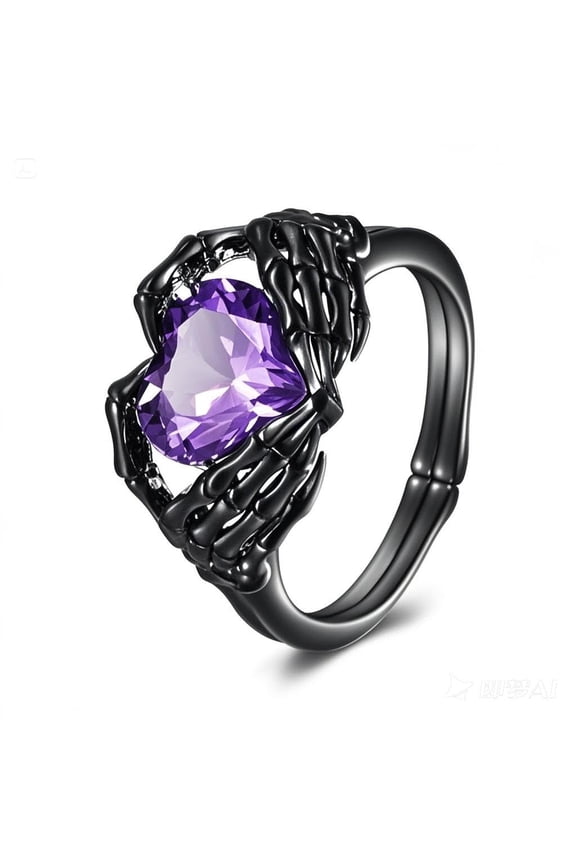 Skull Hand Heart Ring Sterling Silver Halloween Rings Goth Claddagh Jewelry Birthday Gifts Birthday for Women Men (Amethyst, 7)