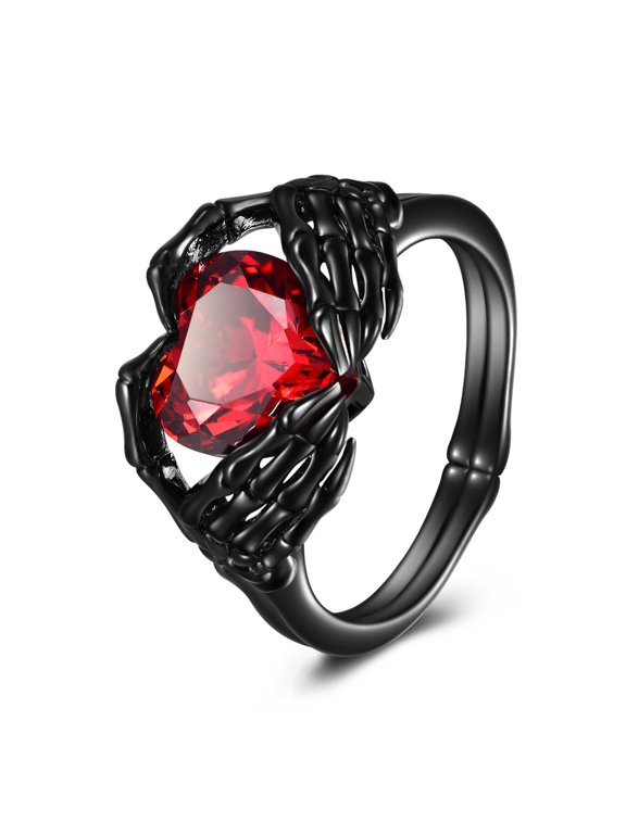 Skull Hand Heart Ring Sterling Silver Halloween Rings Goth Claddagh Jewelry Birthday Gifts Birthday for Women Men (Ruby, 6)