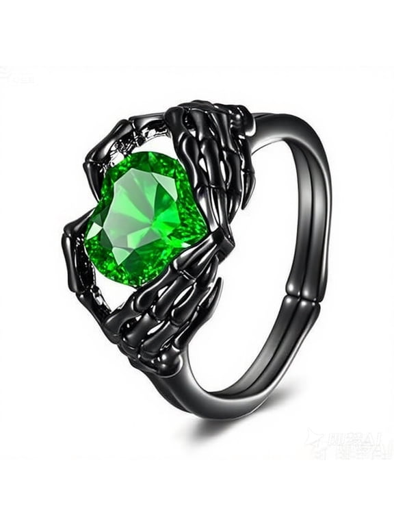 Skull Hand Heart Ring Sterling Silver Halloween Rings Goth Claddagh Jewelry Birthday Gifts Birthday for Women Men (emerald, 8)