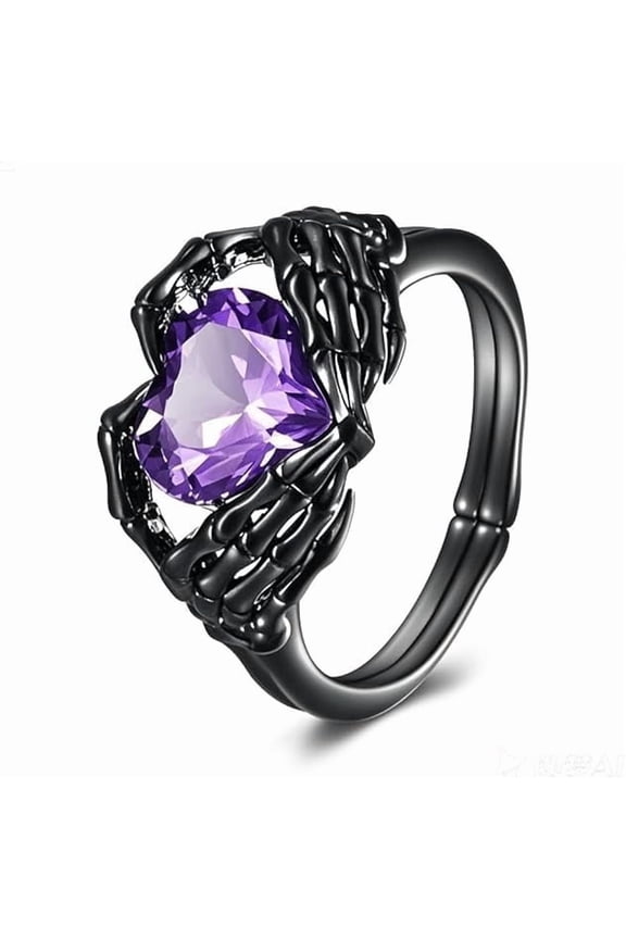 Skull Hand Heart Ring Sterling Silver Halloween Rings Goth Jewelry Birthday Gifts Claddagh Ring for Women Men (Amethyst,6)