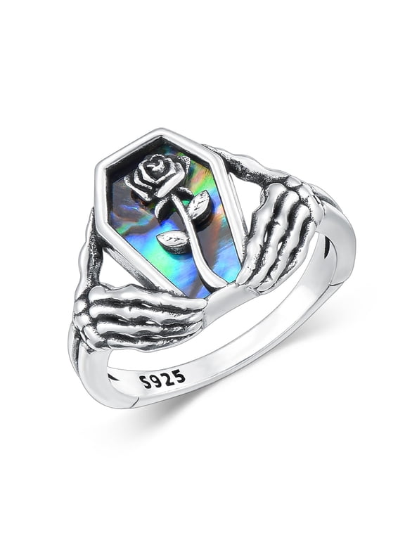 Skull Hand Ring S925 Sterling Silver Skull Flower Ring Abalone Shell Jewelry Halloween Birthday Gift for Women(9)