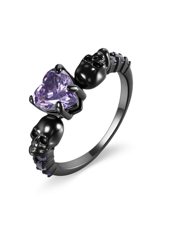 Skull Rings for Women 925 Sterling Silver Black Statement Goth Rings Cool Grunge Gothic Jewelry with Amethyst, Size 7