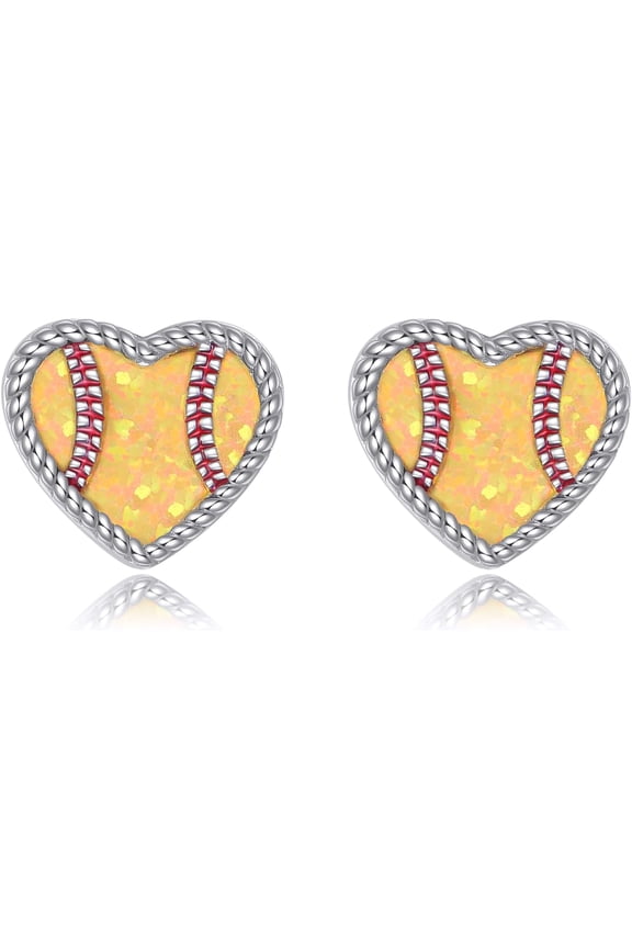 Softball Earrings Sterling Silver Yellow Opal Softball Stud Earrings Dainty Heart Sport Jewelry Gift For Women