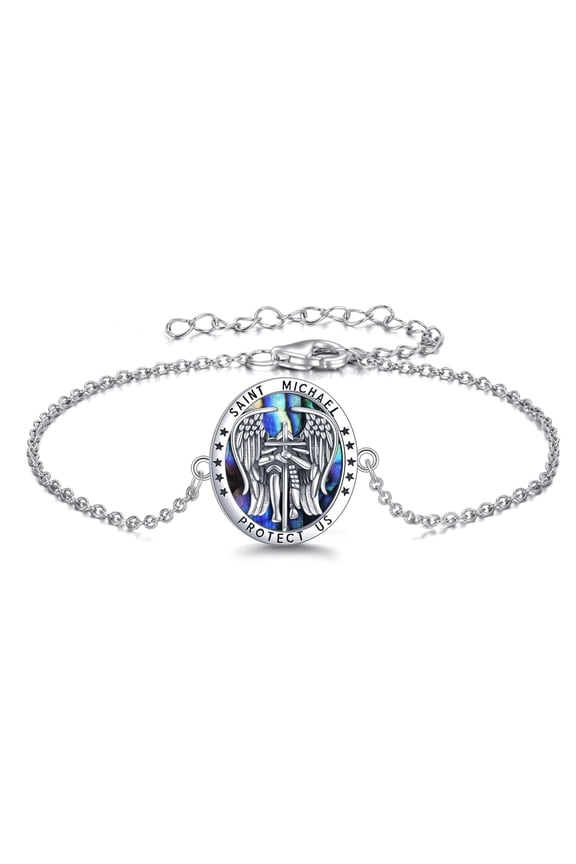 St Michael Bracelet for Women Men Inlaid with Abalone Shell Catholic Protection Religious Jewelry for Family Friends 7"+2" Chain with Gift Box (Oval)