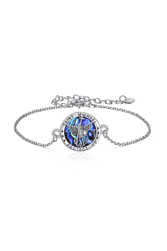 St Michael Bracelet for Women Men Inlaid with Abalone Shell Catholic Protection Religious Jewelry for Family Friends 7"+2" Chain with Gift Box (Round)