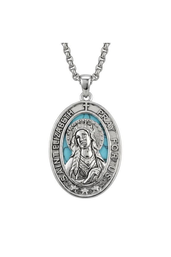 St Saint Elizabeth of Hungary Medal Necklace Medalla De San Elias Pendant Catholic Religious Protection Jewelry Gifts with 22"+2" Rolo Chain (07-St Elizabeth (Oval Turquoise))