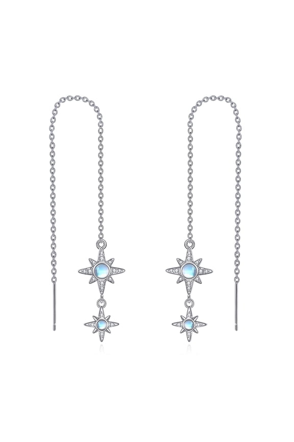 Star Moonstone Threader Earrings 925 Sterling Silver Celestial Body Through Long Chains Earrings Jewelry for Women