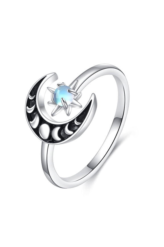 Star and Black Moon Phase 925 Sterling Silver Adjustable Rings Moonstone Crescent Moon Stars Open Finger Ring Jewelry for Women