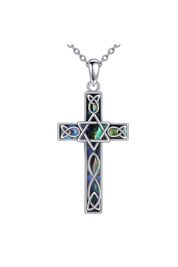 Star of David Cross Necklace Sterling Silver Jewish Star Pendant Abalone Shell Celtic Cross Jewelry Gift for Women Men