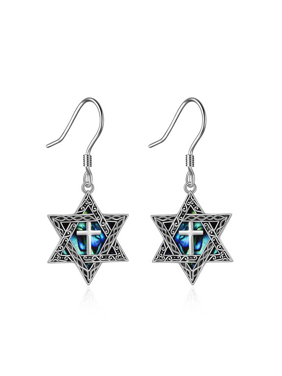 Star of David Earring for Women Sterling Silver Cross Abalone Shell Jewish Jewelry(silver-star) (cross)