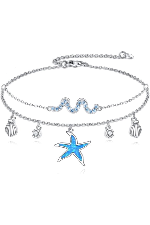 Starfish Anklet 925 925 Sterling Silver Starfish Layered Anklet Blue Opal Beach Jewelry Gift for Women