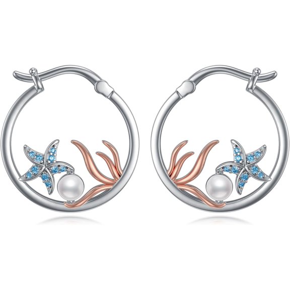 YAFEINI Starfish Pearl Huggie Hoop Earrings for Women 925 Sterling Silver Ocean Beach Earrings Jewelry for Women Lover