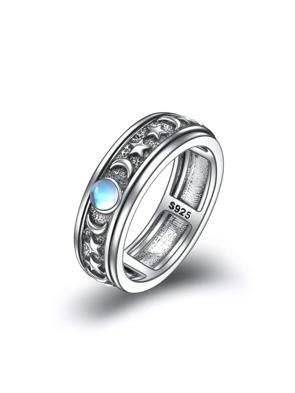 Sterling Silver Anxiety Spinner Ring Moonstone Moon And Star Ring Rotatable Mood Rings for Women Relieve Stress Gift Size 9