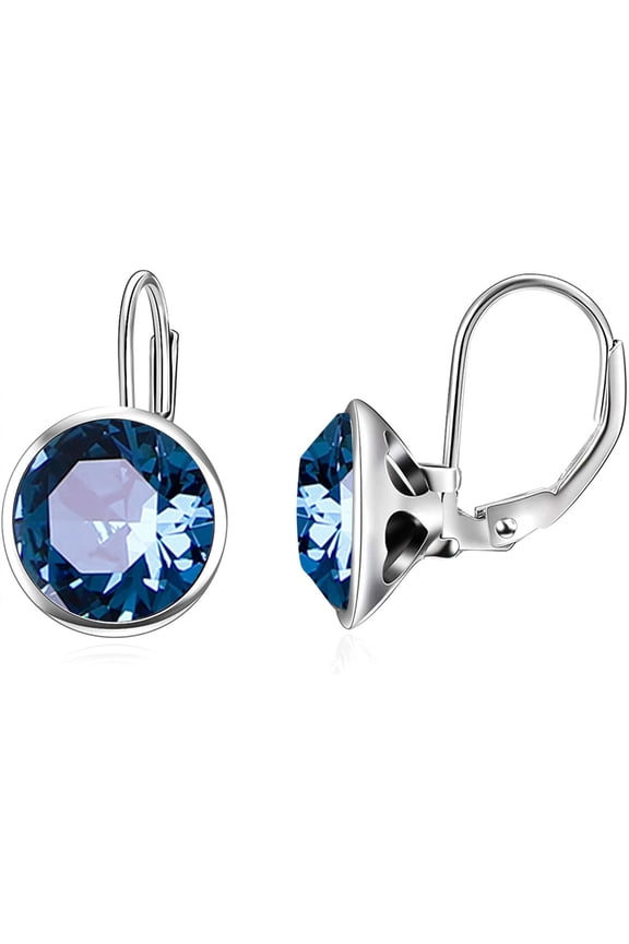 Sterling Silver Bella Earrings Embellished with Crystals from Austria, Hypoallergenic Pierced Leverback Cushion Cut Earrings, Fine Jewelry Gifts for Women (Light Ink Blue)