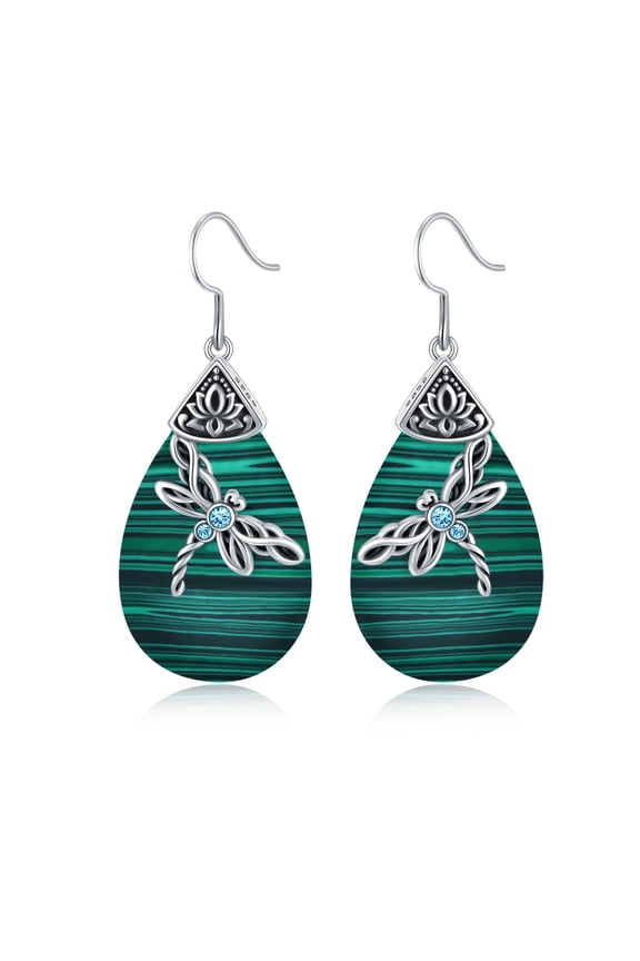 Sterling Silver Celtic Dragonfly Dangle Drop Earrings with Malachite, Celtic Jewelry Birthday Gifts for Women Her Wife Mom