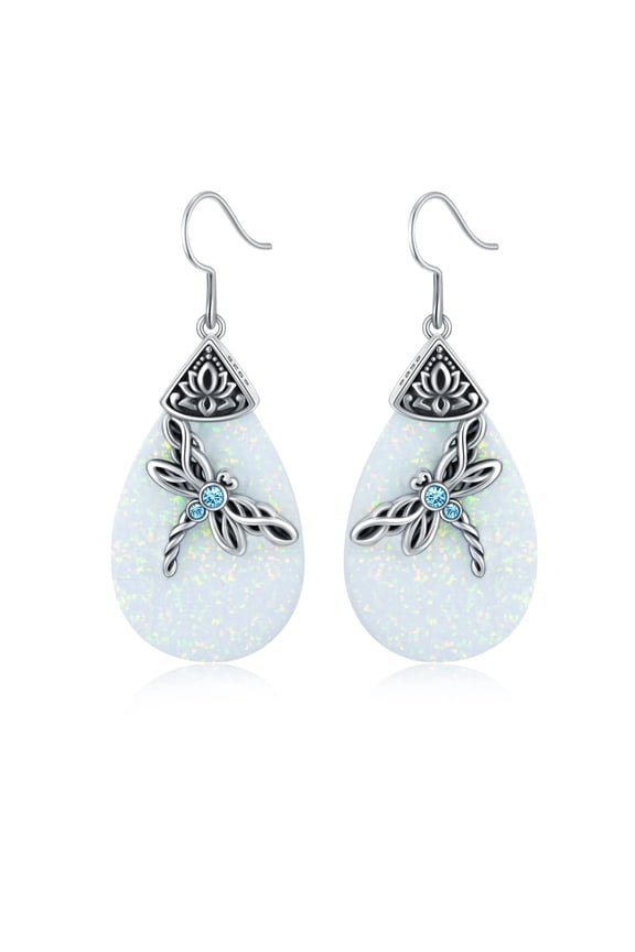 Sterling Silver Celtic Dragonfly Dangle Drop Earrings with Opal, Celtic Jewelry Birthday Gifts for Women Her Wife Mom
