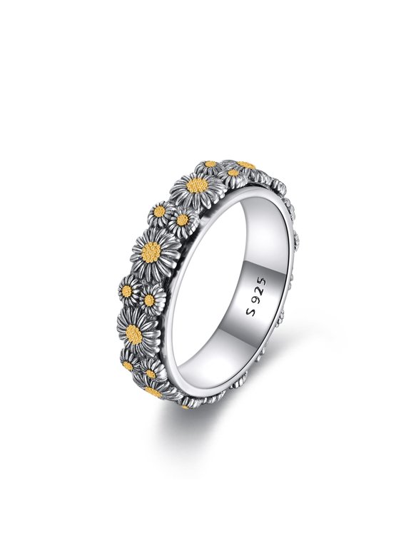 Sterling Silver Daisy Flower Anxiety Spinner Rings Rotatable Fidget Mood Rings for Women Relieve Stress Gift 9 Size