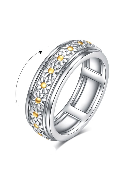 Sterling Silver Daisy Flower Anxiety Spinner Rings Rotatable Mood Rings for Women Relieve Stress Gift(7 Size)