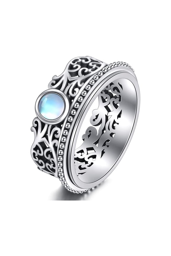 Sterling Silver Filigree Anxiety Spinner Rings Moonstone Filigree Ring Rotatable Mood Rings for Women Relieve Stress Gift 9 Size