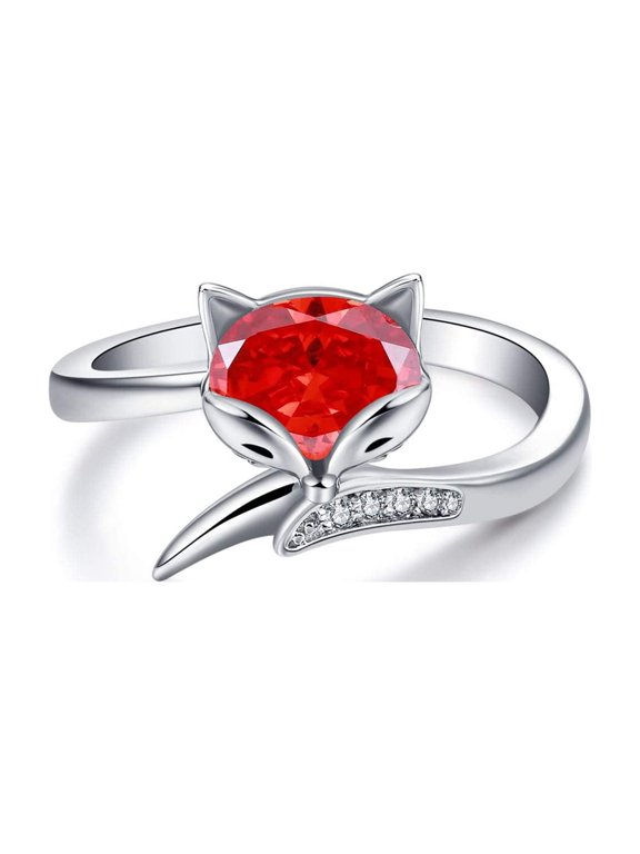 Sterling Silver Fox Ring for Women, Simulated Aquamarine Birthstone Crystal from Austria, Animal Fox Tail Adjustable Open Ring, Anniversary Birthday Fox Jewelry Gifts for Foxes Lovers(Red)