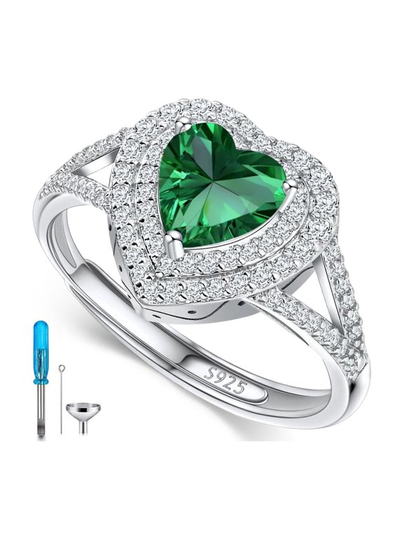 Sterling Silver Heart Birthstone Cremation Ring Holds Loved One's Ashes, Heart Urn Ring for Women, Memorial Keepsake Embellished with Austrian Crystals size 6-9 Adjustable Ring-May Birthstone