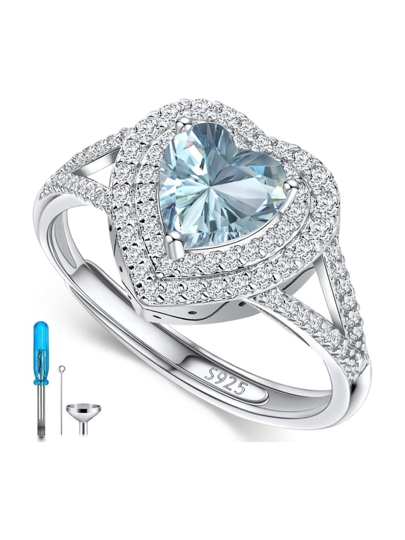 Sterling Silver Heart Birthstone Cremation Ring Holds Loved One's Ashes, Heart Urn Ring for Women, Memorial Keepsake Embellished with Austrian Crystals size 6-9 Adjustable Ring-March