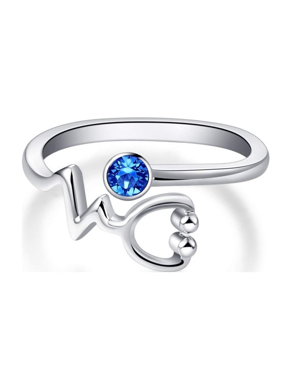 Sterling Silver Heartbeat EKG Stethoscope Ring Embellished with Simulated Sapphire Birthstone Crystal from Austria, Medical Jewelry for Doctor Nurse Medical Student RN Nurse Gifts for Women