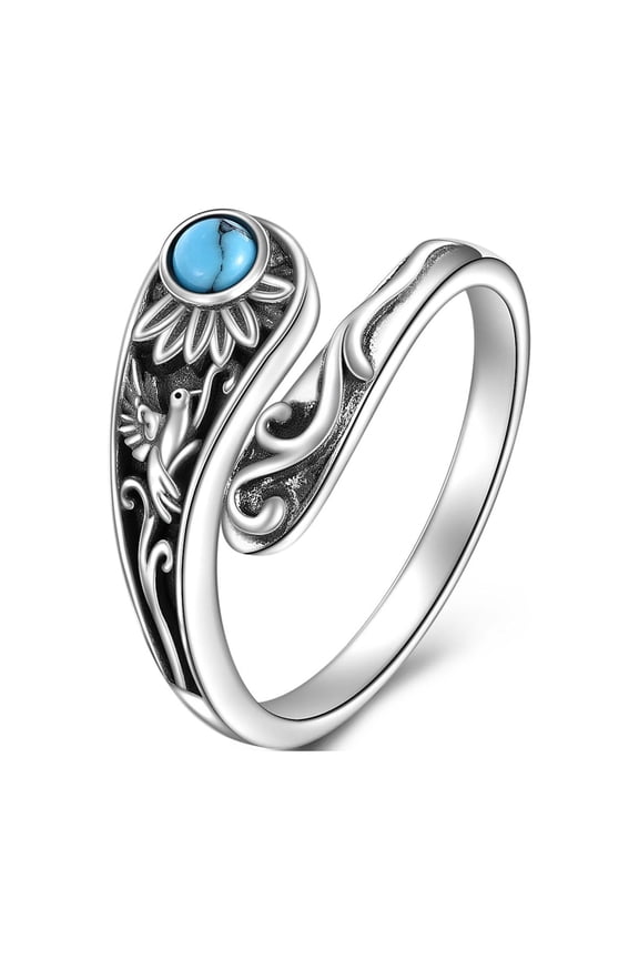 Sterling Silver Hummingbird Turquoise Spoon Ring Vintage Thumb Rings Boho Adjustable Open Ring Statement Jewelry Gifts for Women
